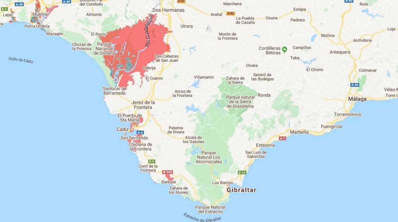 Marcadas en rojo, las zonas afectadas por las inundaciones en 2050, según el estudio.